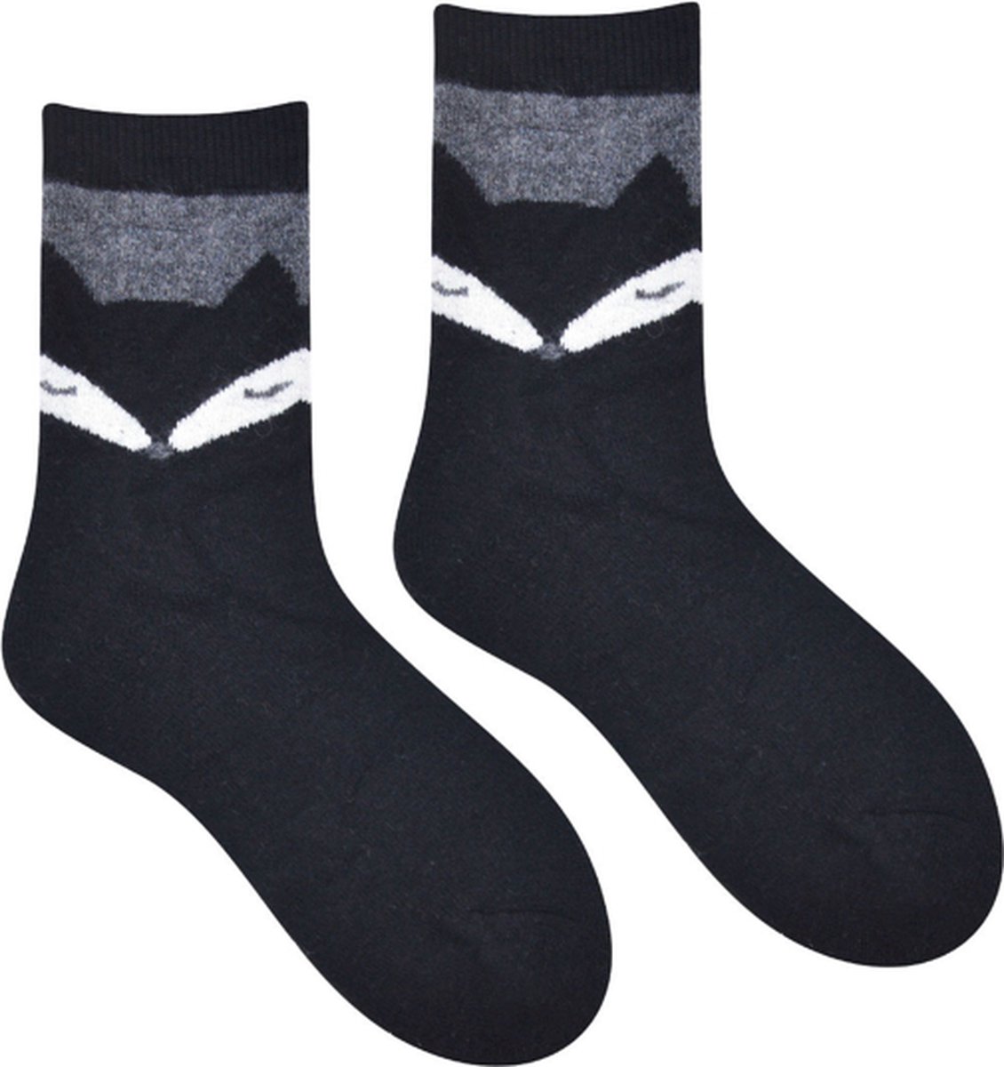 Wol Dames Sokken - Huissokken - Wandelsokken - zwart - leuke print vos - 36 - 40 - warm - cadeau voor haar - gift - geschenk - Kerstcadeau
