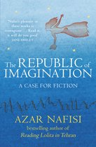 Boekcover van 'The Republic of Imagination'. Blauwe achtergrond met gouden tekst en illustratie van een vrouw met vleugels.