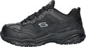 Zwarte Skechers werkschoen, zijaanzicht met veters, S-logo en 'Memory Foam' tekst op de tong.