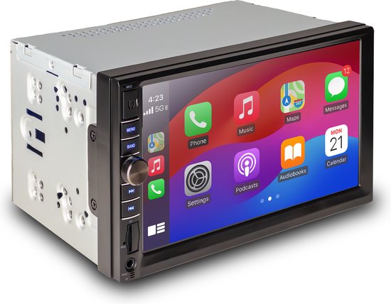 Een 2-DIN autoradio met 7-inch touchscreen en Apple CarPlay interface.