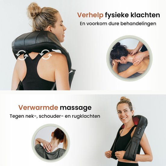 Vrouw met zwart massagekussen om de nek dat rode warmte afgeeft. Met illustraties van nek, schouder en rug massage. Ook een vrouw die het kussen draagt.