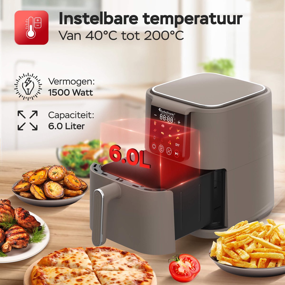 Afbeelding 3 van Turbotronic AF-250 Airfryer XL AirChef - 6L- Heteluchtfriteuse - Dual Heating - 50ºC tot 200ºC - 12 Kookprogramma's - Truffle Grey