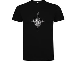 Zwart T-Shirt met “Kleurrijke Prachtige Gitaar met Hartslag - Heartbeat - Muziek “ Print Full Color Maat L