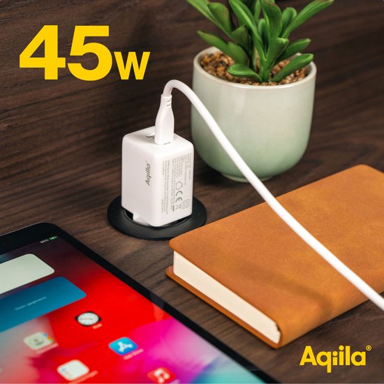 Chargeur USB Aqiila, 45 W, adaptateur USB-C, chargeur rapide GaN, Power PD , 2x USB-C, 100-240 V, Chargebird W2 Wit