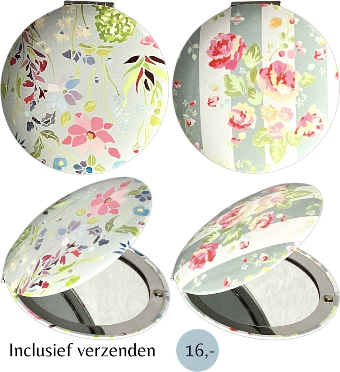 Goedkoopste 2x Vouwspiegel - Vouwspiegeltje - Klapspiegel - Klapspiegeltje - Zakspiegel - Zakspiegeltje - Reisspiegel - Reisspiegeltje - Compact - Vergrotend - Inklapbaar - Dubbel - Klein - Make-up - Spiegeltje - Bloemen - Blauw - Roze