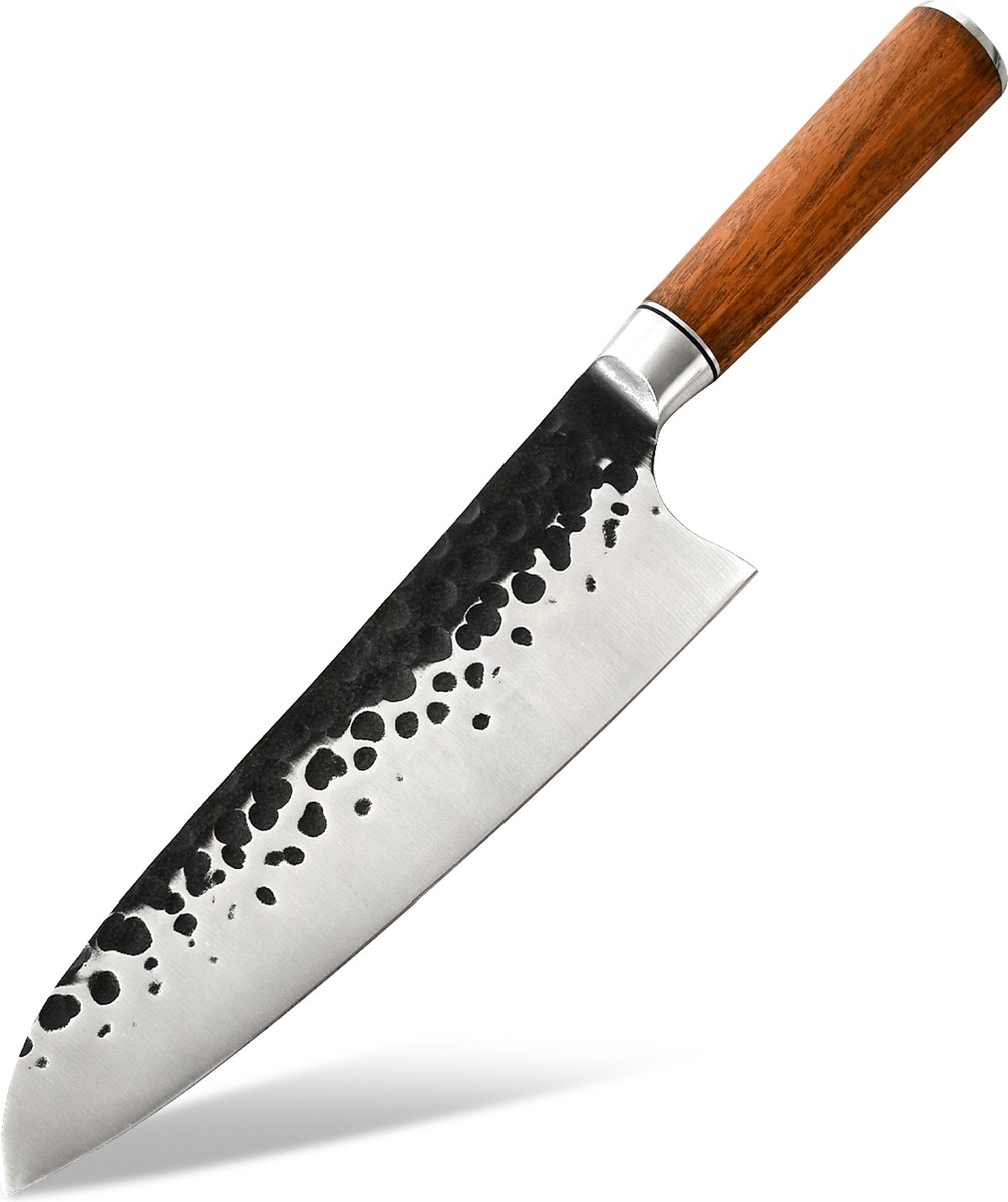 KAAMUT® Chefmes 20 cm Gehamerd Koolstofstaal – Vlijmscherp – Professioneel Koksmes – Zwarte Finish – Massief Houten Handvat