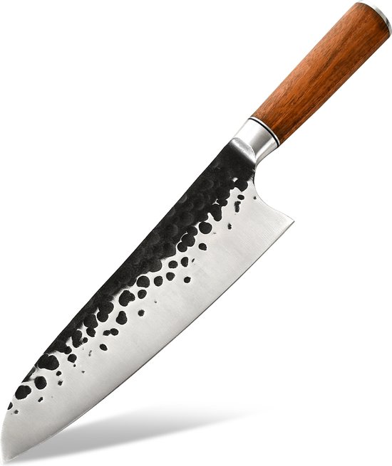 Couteau de chef professionnel Kaamut® - 20 cm - Acier martelé, tranchant comme un rasoir et durable - Manche en palissandre - Coffret cadeau de Luxe