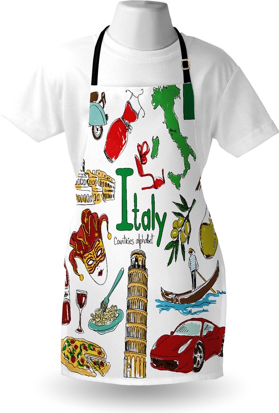 Wit schort met een veelkleurige print van iconische Italiaanse bezienswaardigheden, symbolen en eten, waaronder de Toren van Pisa en een Vespa.