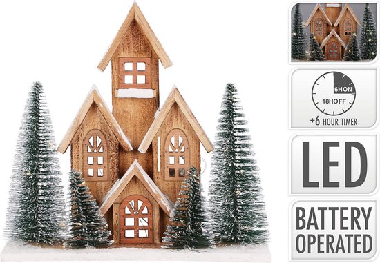 Decoratief kersthuisje 30cm besneeuwd met warmwitte LED-verlichting op batterijen incl. timer gemaakt van hout