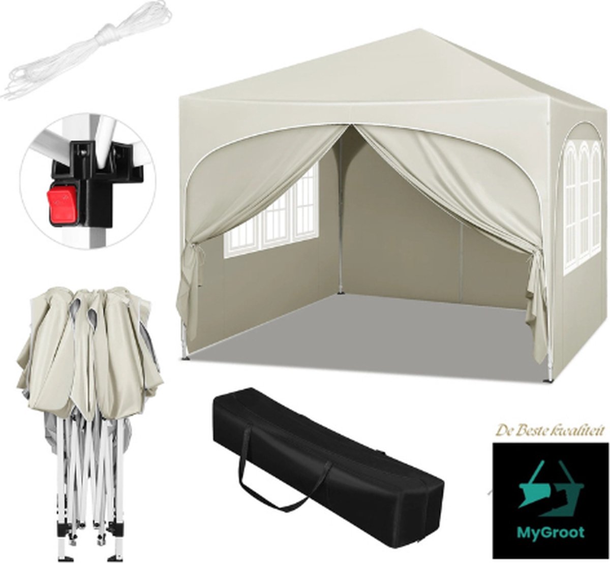 Mygroot -Partytent - Partytent met zijwanden - Beige - Opvouwbaar - Easy up - Paviljoen - Waterdicht weerbestendig - 3x3 m