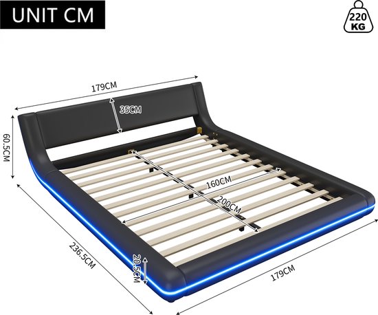 Lit double Sweiko 160*200 cm, éclairage LED, PU, ​​noir