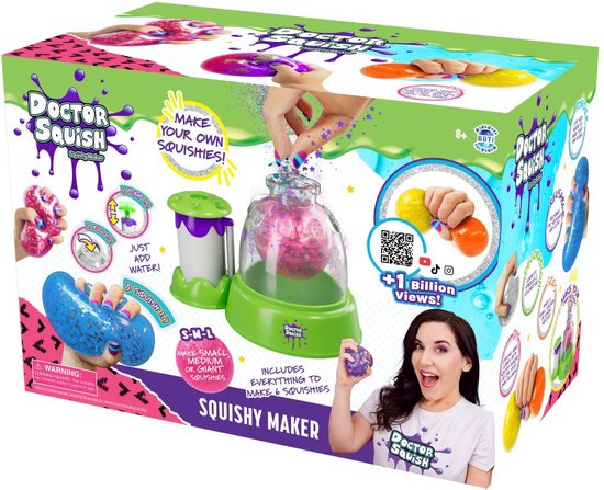 Doos van Doctor Squish Squishy Maker met afbeeldingen van squishies, een maker en een vrouw.