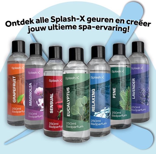 Zeven flessen Splash-X badparfum naast elkaar: Grapefruit, Magnolia, Sensual, Eucalyptus, Relaxing, Pine, Lavender. Allemaal 250ml.