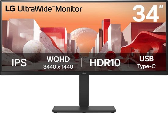 LG 34BA75QE 34” Ultrawide QHD IPS Monitor USB-C 90W Power Delivery RJ-45 LAN Zakelijk Multitasking