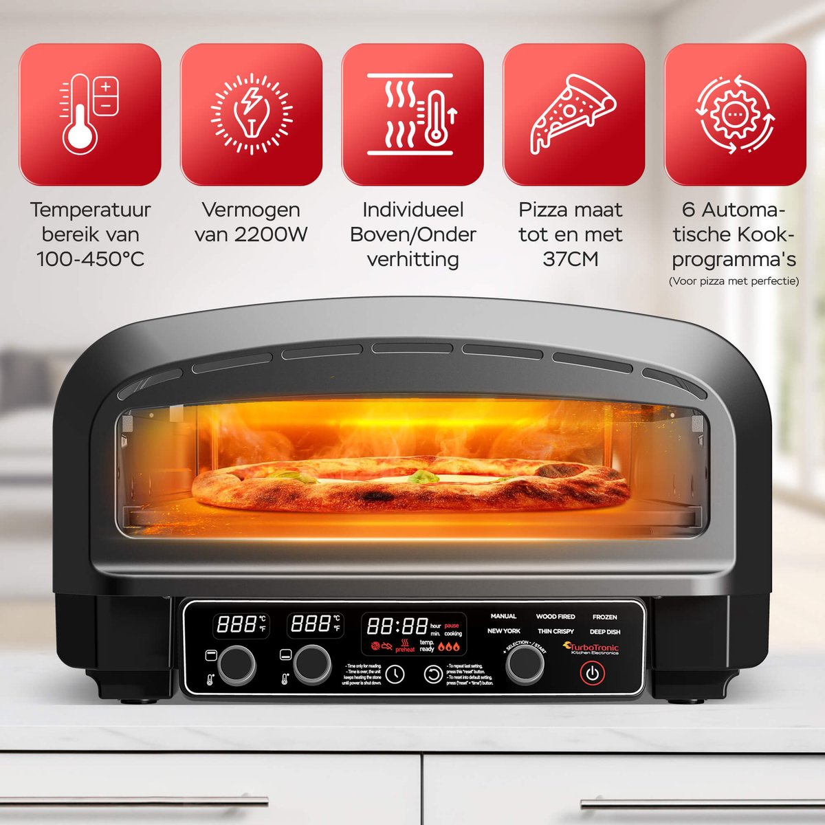 TurboTronic PO14 Elektrische Pizza Oven – Slimme Pizzaoven tot 450 °C – Zwart – foto 2