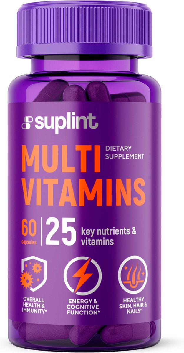 Goedkoopste Multi Vitamine - Multi - Multivitamines - Multivitaminen - Multivitamine - Multivitamines en mineralen - Vitamines - Vitamine D - Vitamine C - Vitamine D3 - Vitamine E - Vitamine B12 - 60 capsules - 25 vitaminen en mineralen - Multi compleet Suplint