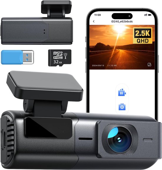 Wifi-dashcam voor de auto, 4K UHD autocamera met 64G SD-kaart, app-bediening, 1,47 inch, 170 graden ultragroothoek, nachtzicht, WDR, loop- opname, G-sensor, parkeerbewaking