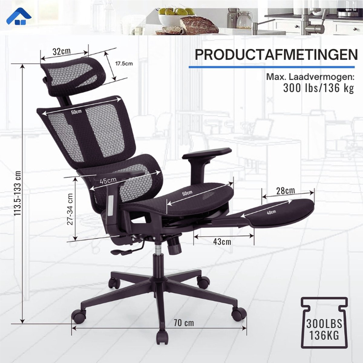 Ergonomische Bureaustoel - Intrekbare Voetensteun - Hoge Rug - afbeelding 3