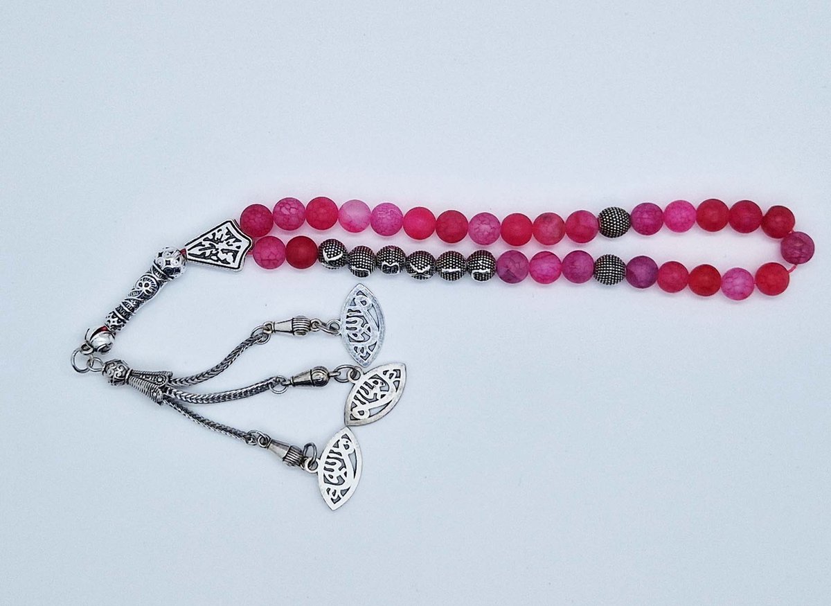 Handgemaakte naam tasbih 33 Kralen Natuursteen “Banded Agaat Magenta roze” - met metaal tassel “Ogen"- Met je naam of de naam van uw geliefde- 8 mm diameter van de korrel