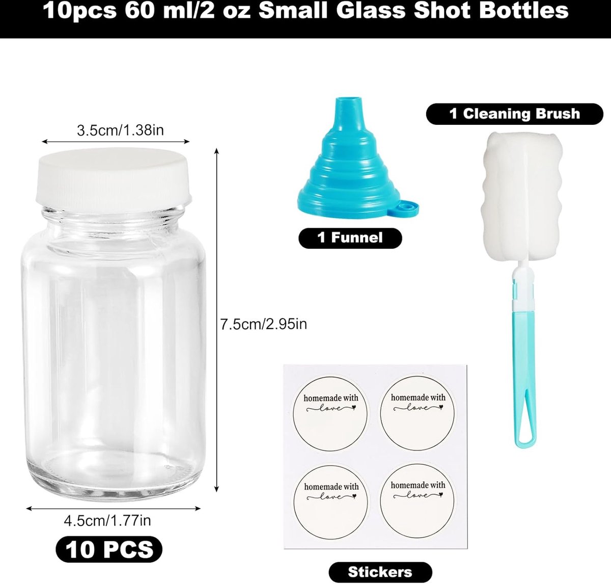 YBCPACK 12 stuks Mini Shot glazen flessen met deksel, 80 ml, kleine flessen om te vullen met etiketten en pen, ideaal voor gember, likeur, jenever en andere dranken