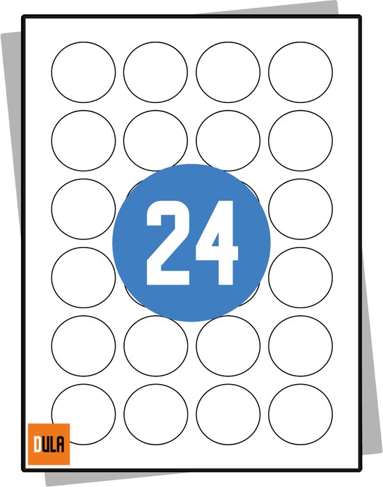Vel met 24 ronde, witte stickers, 40mm diameter. DULA logo onderaan.