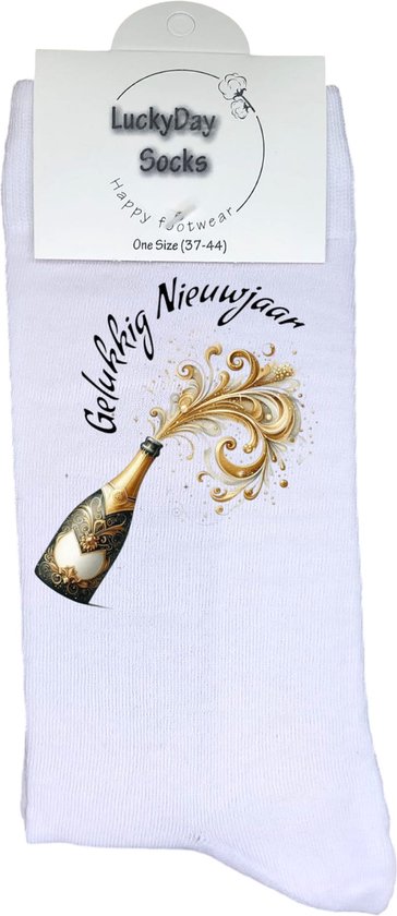 Witte Lucky Day Socks met de tekst 'Gelukkig Nieuwjaar' en een afbeelding van een champagnefles die openbarst in goudkleurige versieringen.