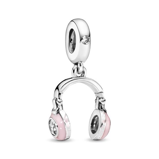 Zilveren bedel met roze emaille en een transparante zirkonia, in de vorm van een koptelefoon.