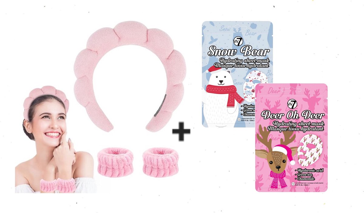 Goedkoopste W7 Gezichtsverzorgingsset – 1x Luxe Hoofdband en Polsbanden 2x Hydraterende Maskers met Hyaluronzuur, Groene Thee en Kamille – Vegan & Cruelty-Free