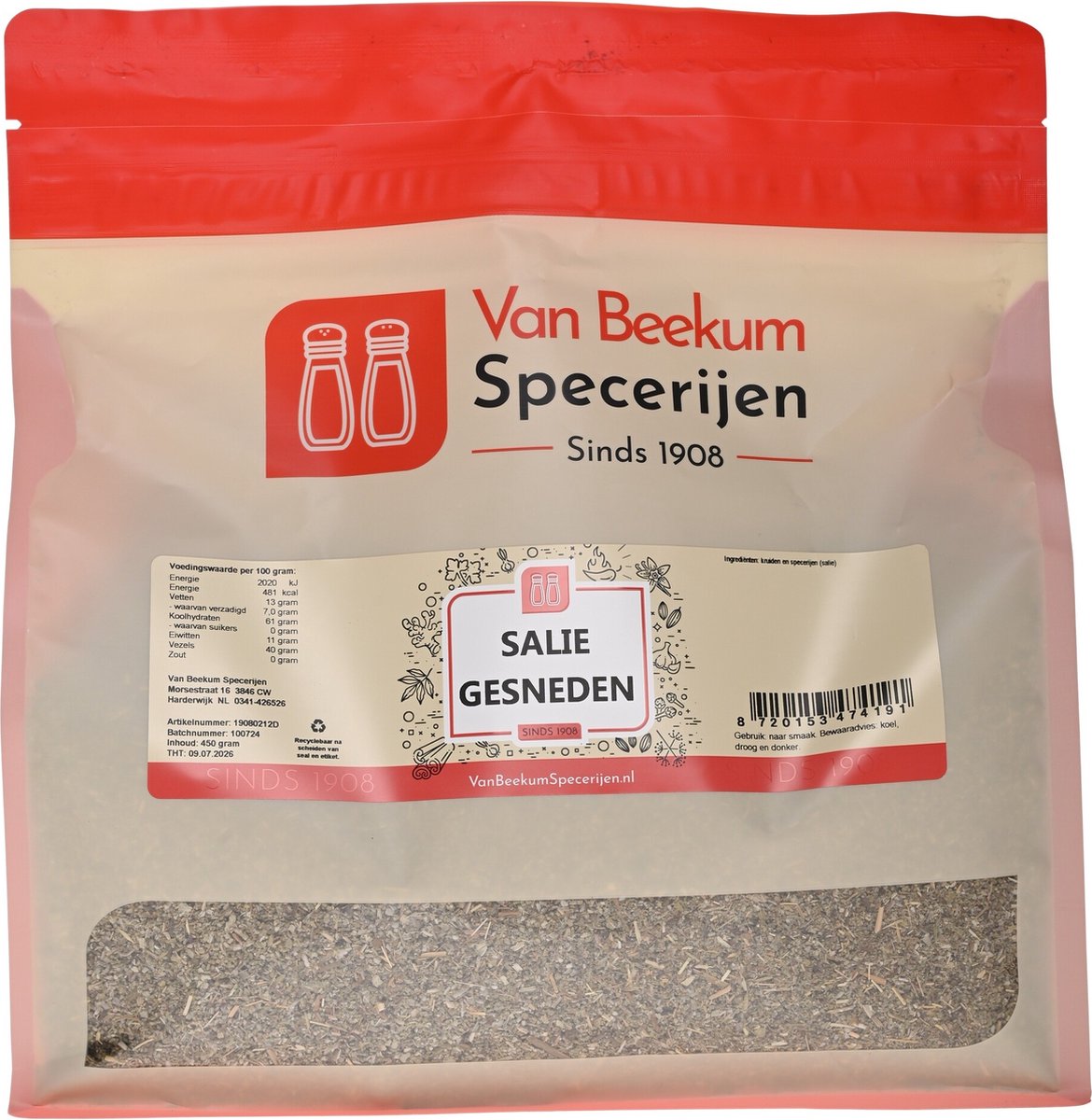 Goedkoopste Van Beekum Specerijen - Salie Gesneden - 450 gram (hersluitbare stazak