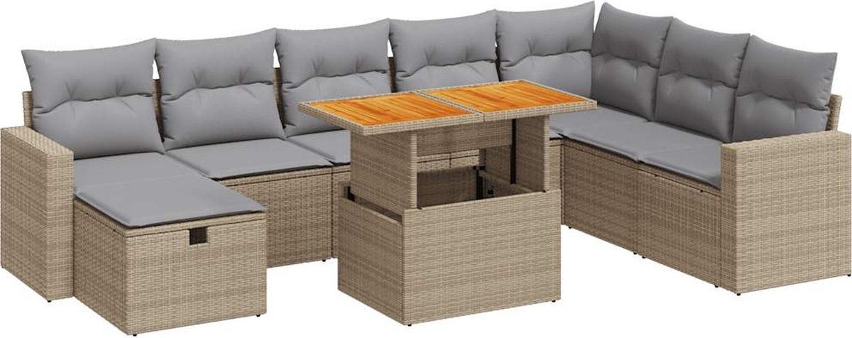 vidaXL 9-delige - Loungeset - met - kussens - poly - rattan - acacia - beige zwart