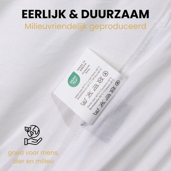 Label met OEKO-TEX certificering en wasinstructies voor een duurzaam en milieuvriendelijk geproduceerd product.