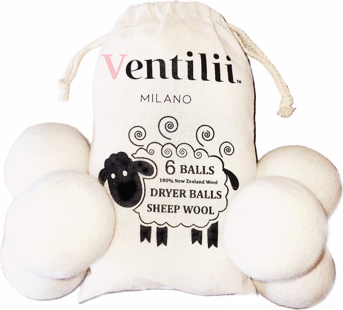 Goedkoopste 6 grote witte drogerballen 7cm van wol in bewaarzakje - zes stuks - duurzaam en kostenbesparend