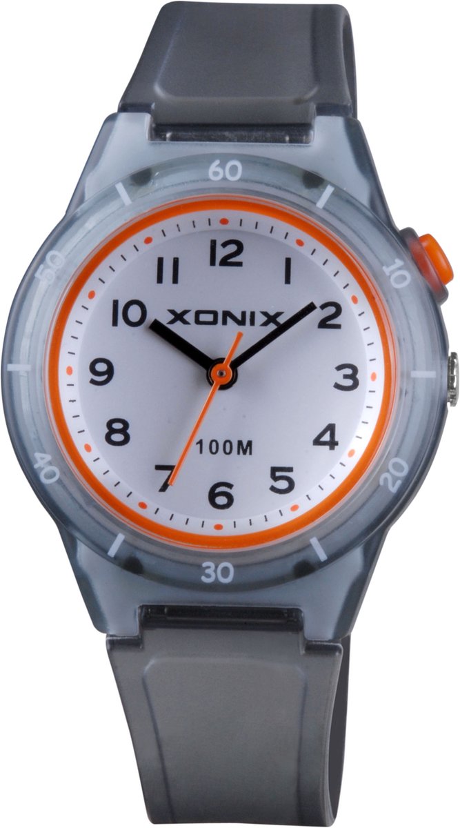 Xonix ABU-007 - Horloge - Polshorloge - Analoog - Kinderen - Unisex - Siliconen band - Rond - Kunststof-ABS - Cijfers - Zwart-Transparant - Grijs-Transparant - Oranje - Wit - Waterdicht