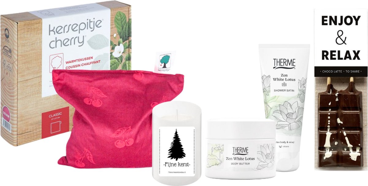 Goedkoopste Therme Cadeauset Warme Kerst Chocolade & Warmtekussen Zen White Lotus - Kersepittje Warmtekussen Classic 27x27cm - Therme Mini Body Butter Zen White Lotus - Therme Shower Mini Zen White Lotus