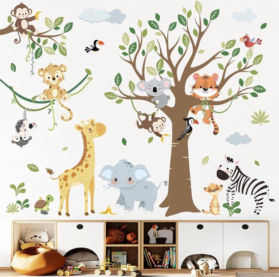 wondever Muursticker jungle dieren muursticker safari dieren olifant giraffe muursticker wanddecoratie voor kinderkamer jongen babykamer