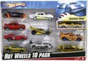 Hot Wheels 10 auto's verpakking met sportwagens, een cabriolet en een pick-up in diverse kleuren en ontwerpen.