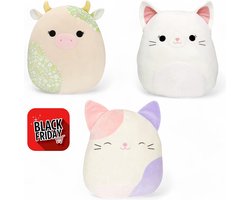 Klikkopers® - 3 Kawaii knuffels - 28 cm tot 32 cm - Squish Knuffel - Knuffel Koe - Knuffel Kat - Knuffel Axolotl - Voordeel Pakket