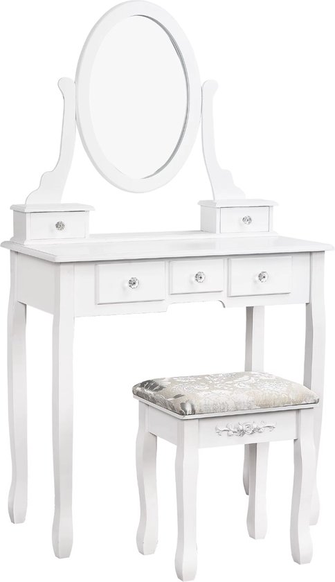 COSTWAY Kaptafel voor kinderen, kaptafel met kruk en afneembare spiegel, kaptafel van hout, met lade, 70 x 34 x 105 cm (wit