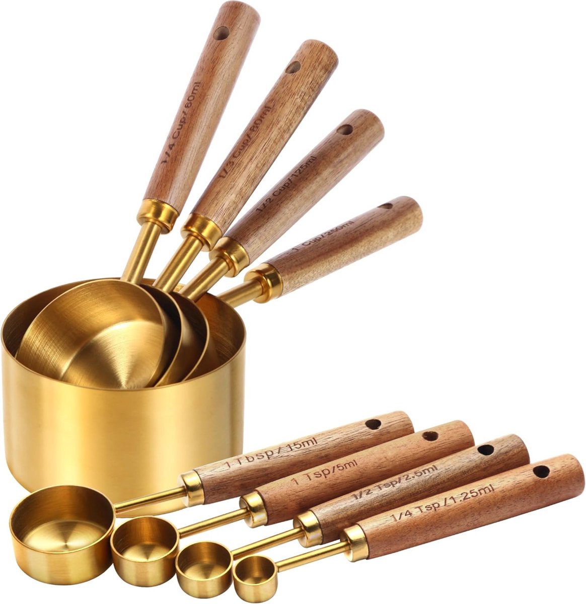 House of Husk Gouden Maatbeker Set - Maatlepels - Acacia Hout - RVS - Maatcups - Maatschep - 8 Stuks