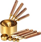 House of Husk Set de tasses à mesurer dorées – Cuillères à mesurer – Bois d'acacia – Acier inoxydable – Tasses à mesurer – Cuillère à mesurer – 8 pièces
