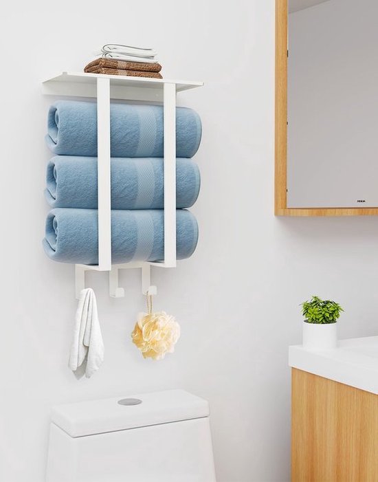 Relaxdays handdoekenrek met plank, 6 haken, badkamer & hal, smal, bamboe, HBD: 18 x 75 x 16 cm, wandkapstok, naturel