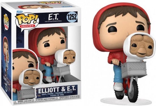 Pop-figuur van Elliott met rode hoodie en E.T. in een mandje op een fiets.