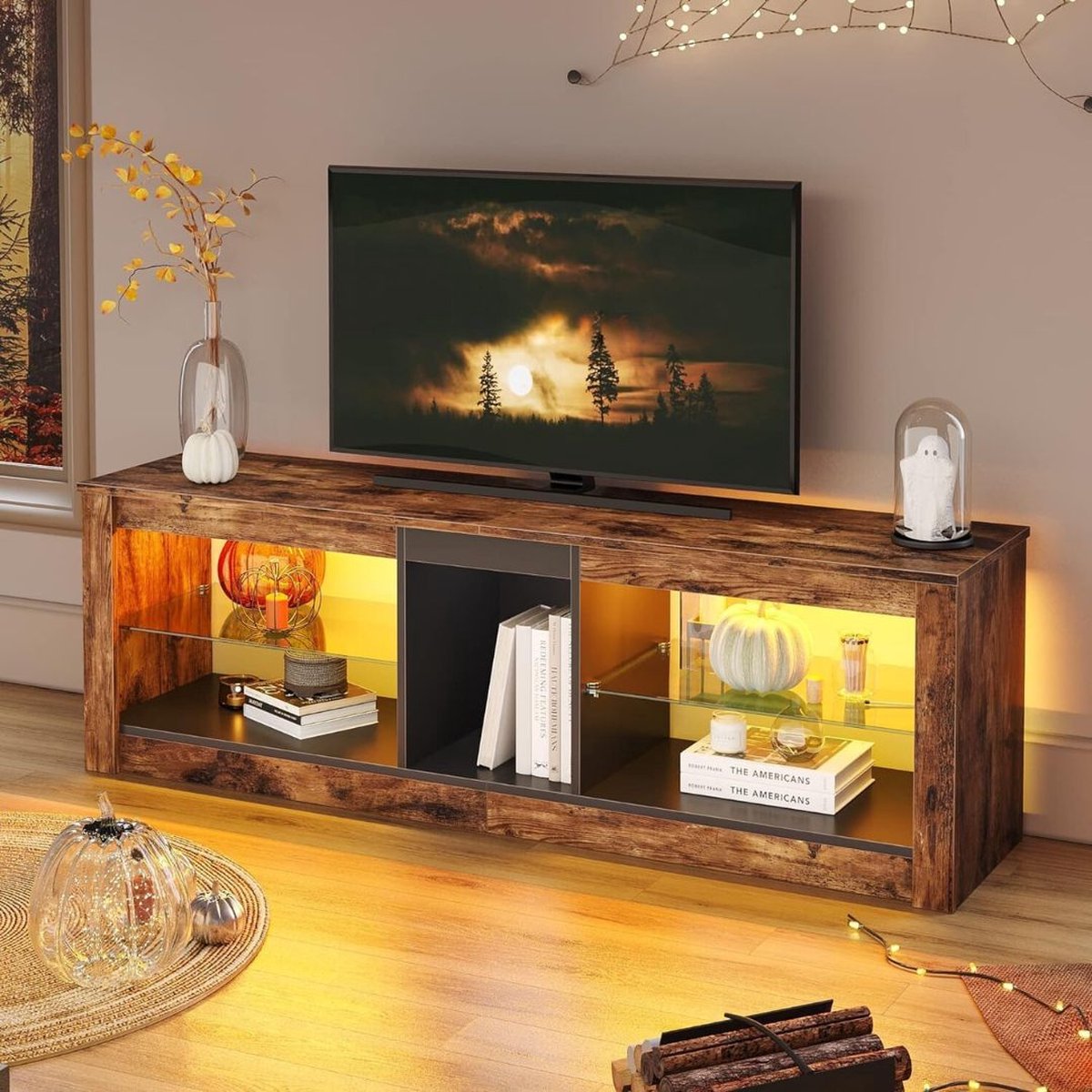 DD® Vitrinekast met Led Verlichting - Opbergkast - Verzamelkast - 140x35x47cm - Bruin