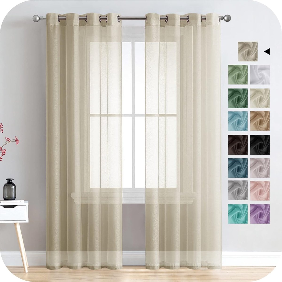 PolkaHome Transparant voilegordijn, 245 cm lang, 2 panelen, linnenlook, met zeilringen, voor slaapkamer, woonkamer, terrasdeur, 140 x 245 cm, beige (biscuit)