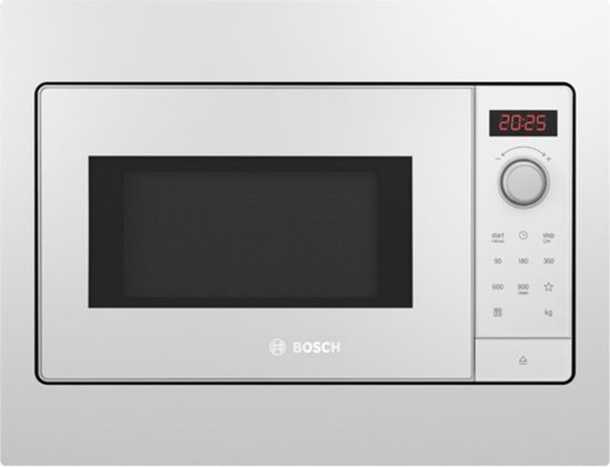Witte Bosch inbouwmagnetron met digitale klok en bedieningsknoppen.