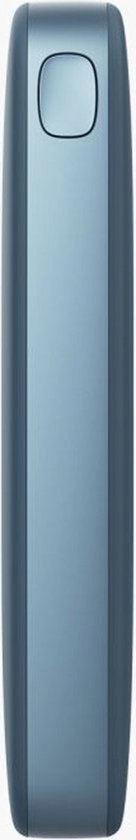 Zijaanzicht van de blauwe powerbank. De powerbank heeft een gladde, matte afwerking.