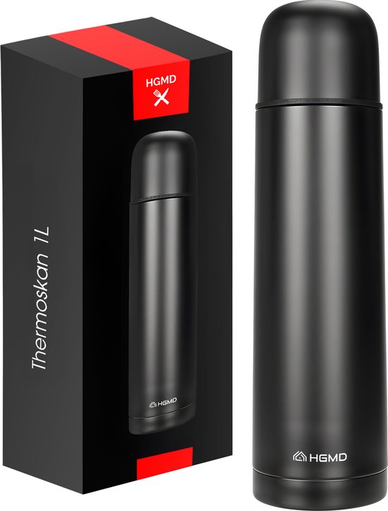 HGMD Thermoskan - 1 Liter - Isoleerkan - Zwart - Koffie - Thee - Voor warme en koude dranken