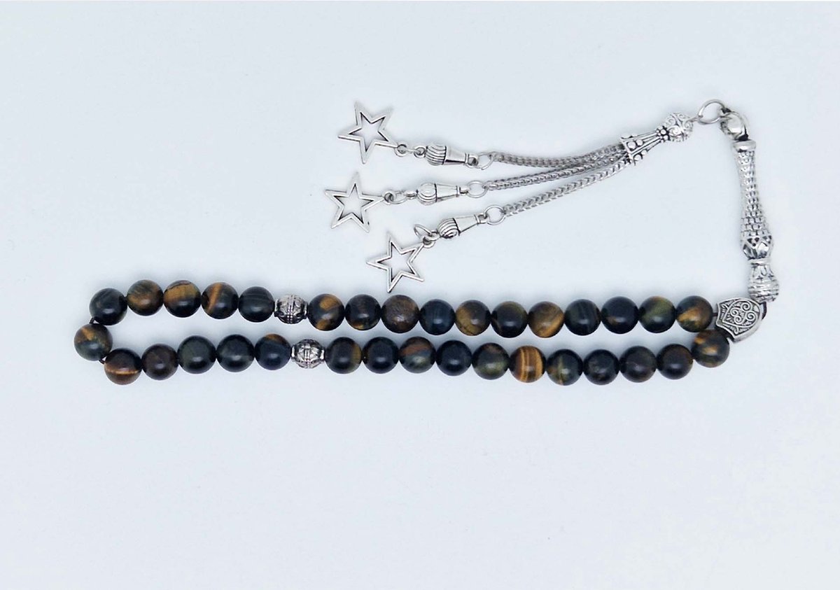 Handgemaakte tesbih klassiek - "Tasbih" natuursteen "Tijgeroog" - Aantal kralen 33 - Diameter kralen 8 MM - met metaal tassel "Sterren" - Een mooi cadeau-idee