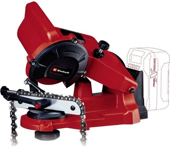 Rode kettingslijper met zwarte accenten, een ketting en een Power X-Change accu.