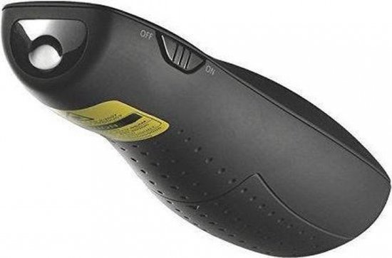 Zwarte Logitech R400 presenter met rode laser en een gele sticker.